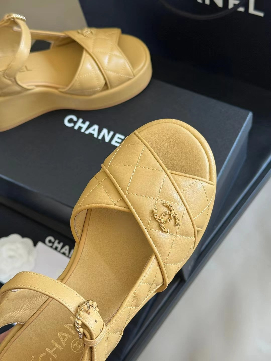 CHANEL CLASSIC WEDGE SANDALS IN LIGHT YELLOW LAMBSKIN