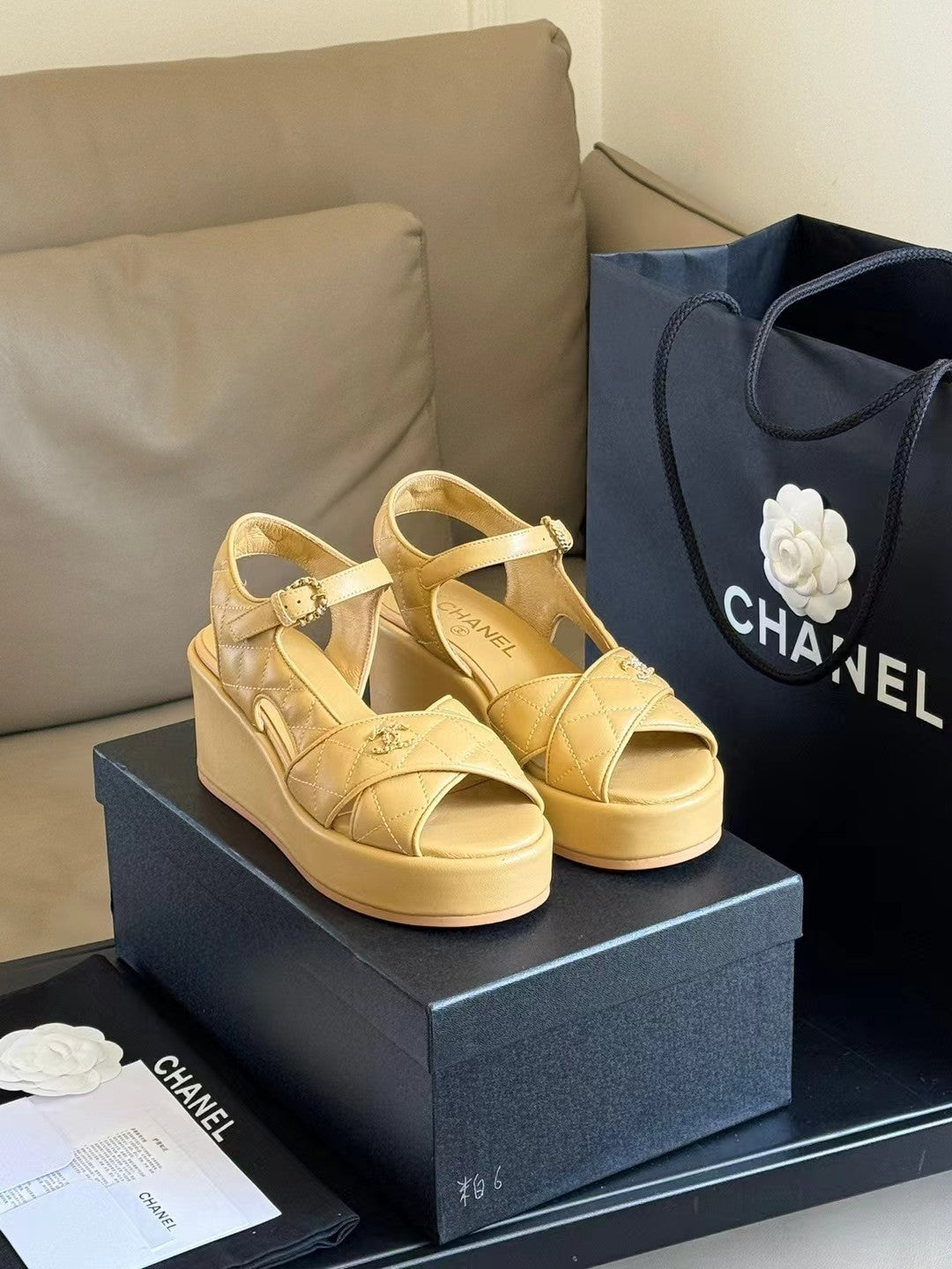 CHANEL CLASSIC WEDGE SANDALS IN LIGHT YELLOW LAMBSKIN