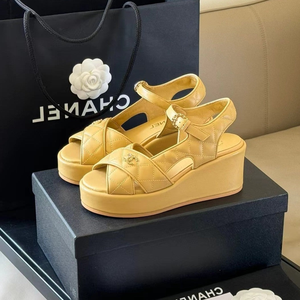 CHANEL CLASSIC WEDGE SANDALS IN LIGHT YELLOW LAMBSKIN