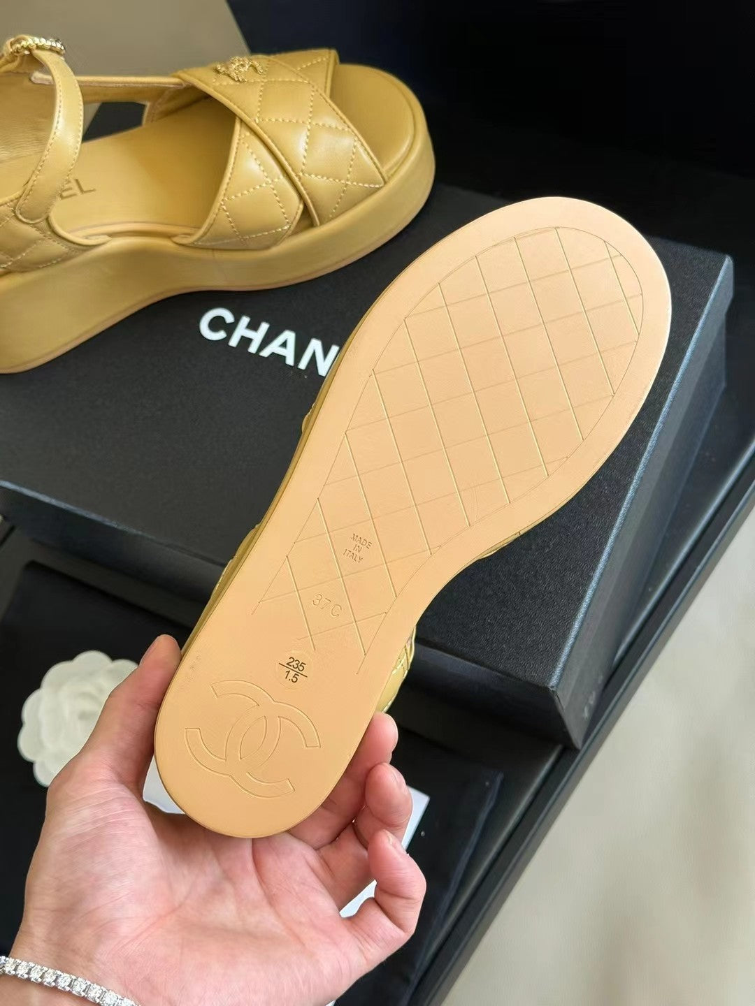 CHANEL CLASSIC WEDGE SANDALS IN LIGHT YELLOW LAMBSKIN
