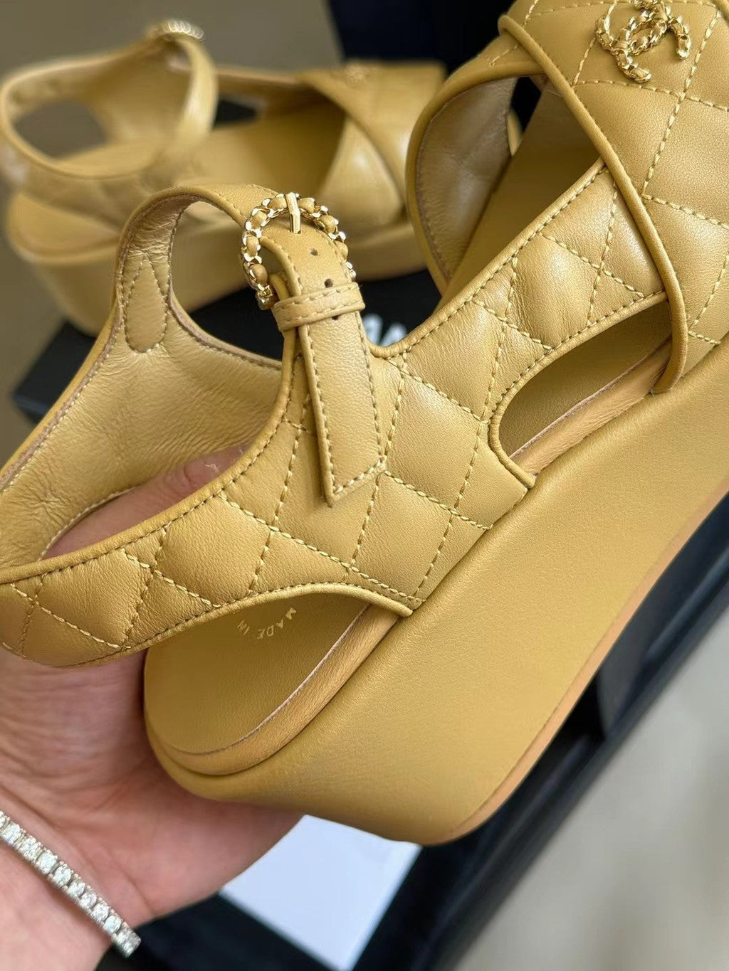 CHANEL CLASSIC WEDGE SANDALS IN LIGHT YELLOW LAMBSKIN