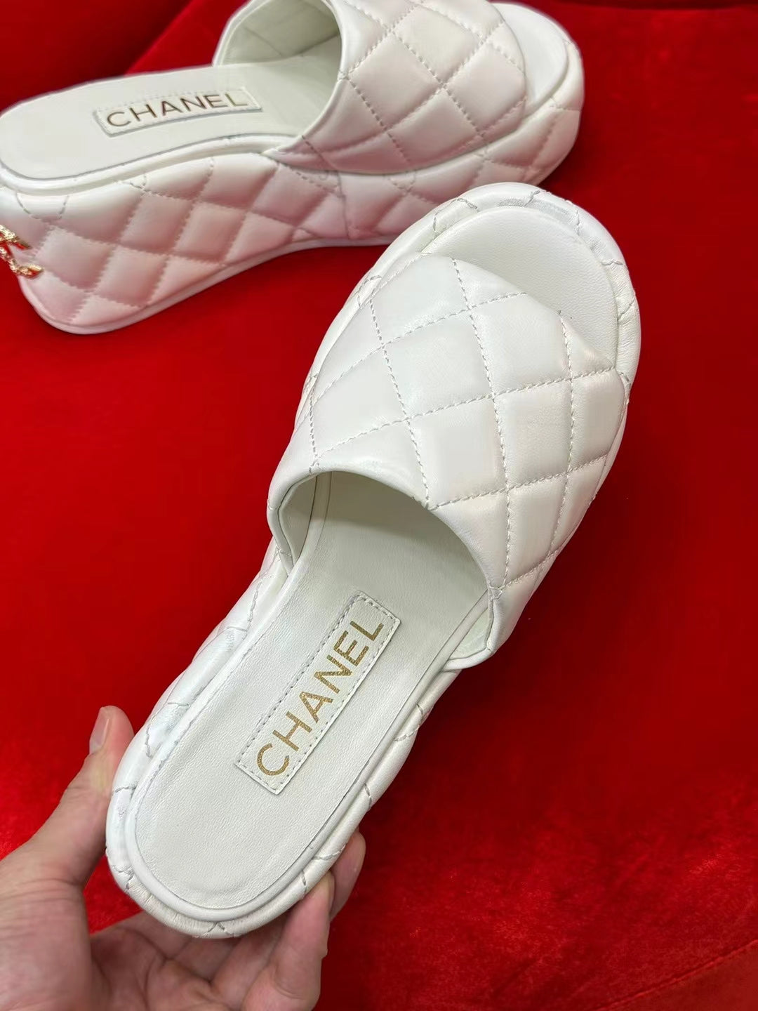 CHANEL WEDGE HEELS WHITE LAMBSKIN