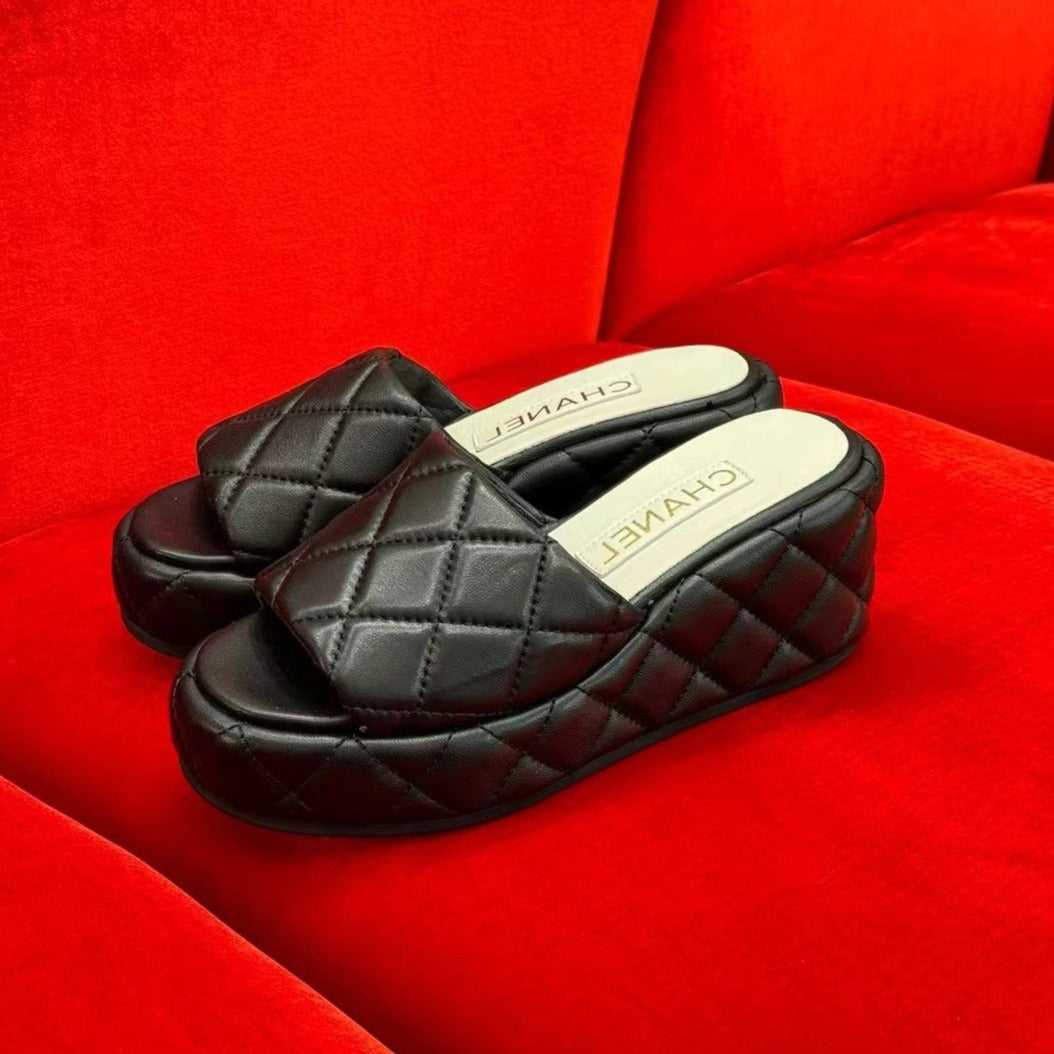 CHANEL WEDGE HEELS BLACK LAMBSKIN