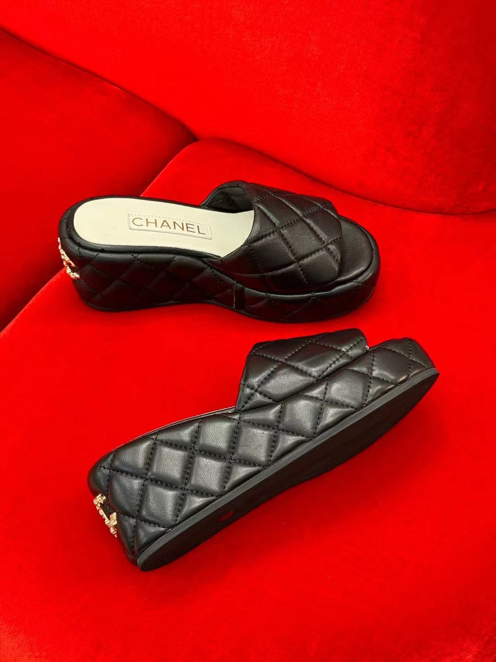 CHANEL WEDGE HEELS BLACK LAMBSKIN