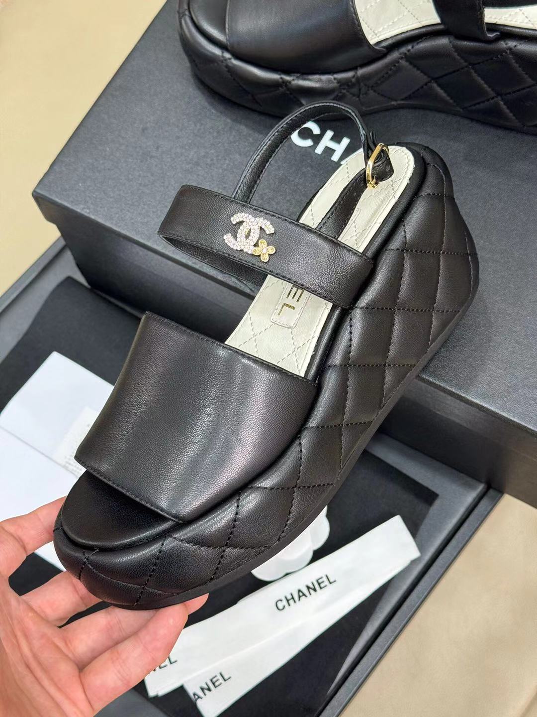 CHANEL HIGH WEDGE SANDALS IN BLACK LAMBSKIN