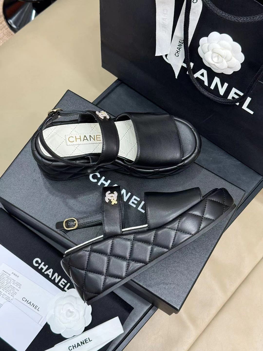 CHANEL HIGH WEDGE SANDALS IN BLACK LAMBSKIN