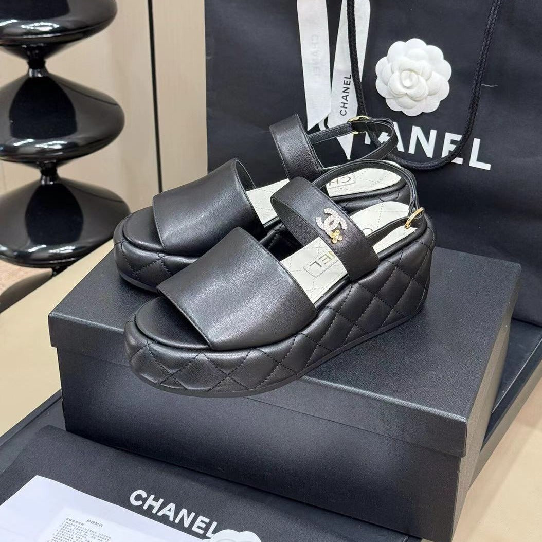 CHANEL HIGH WEDGE SANDALS IN BLACK LAMBSKIN