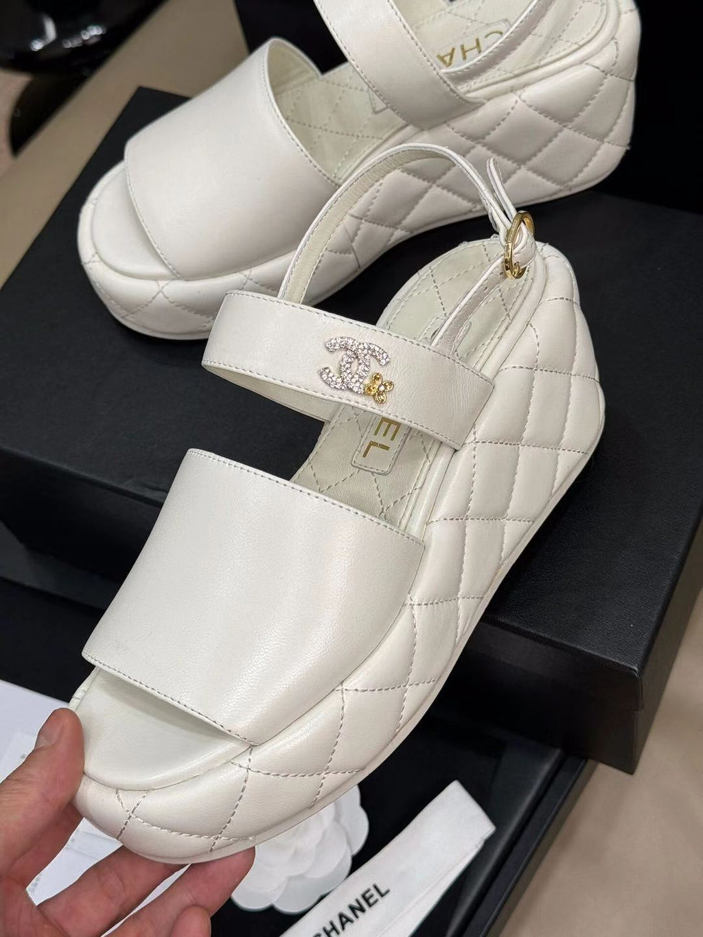 CHANEL HIGH WEDGE SANDALS IN WHITE LAMBSKIN