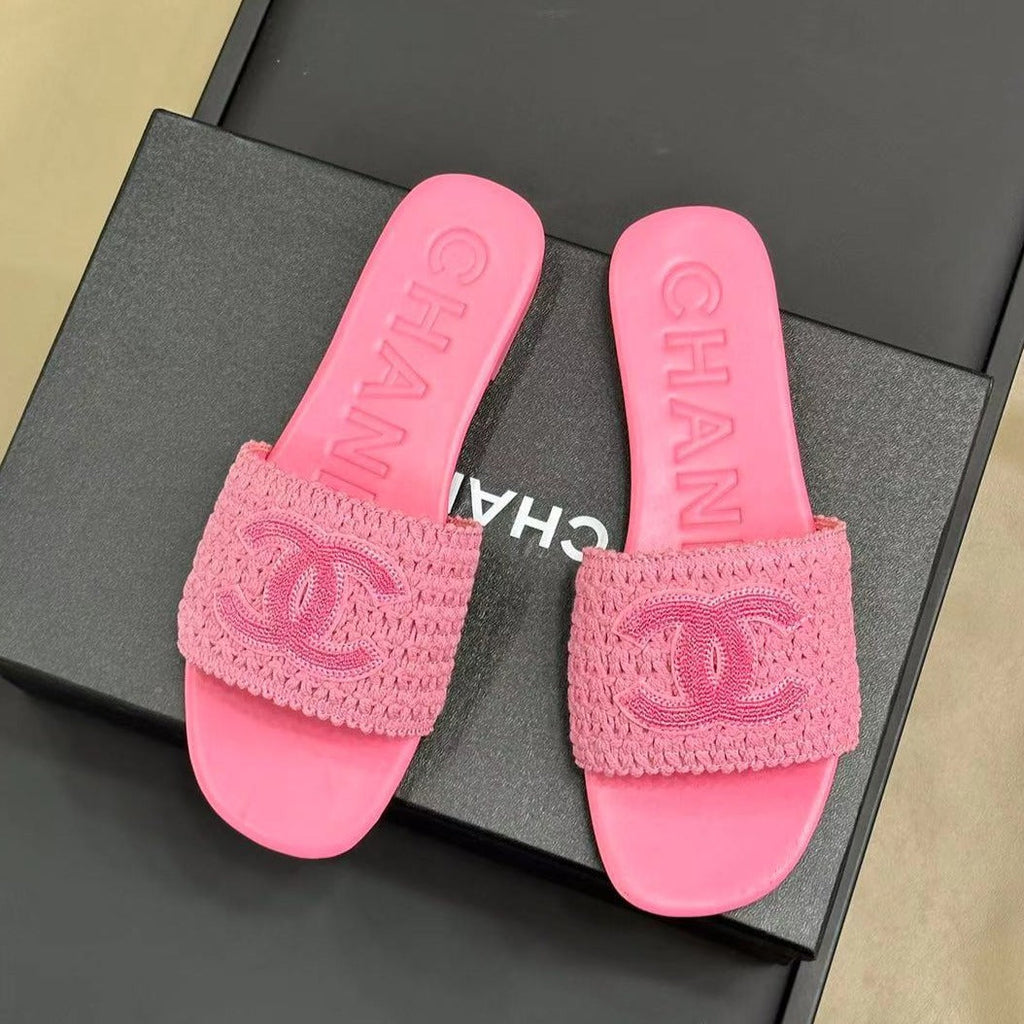 CHANEL WOVEN SLIPPERS LIGHT PINK COWHIDE SOLE