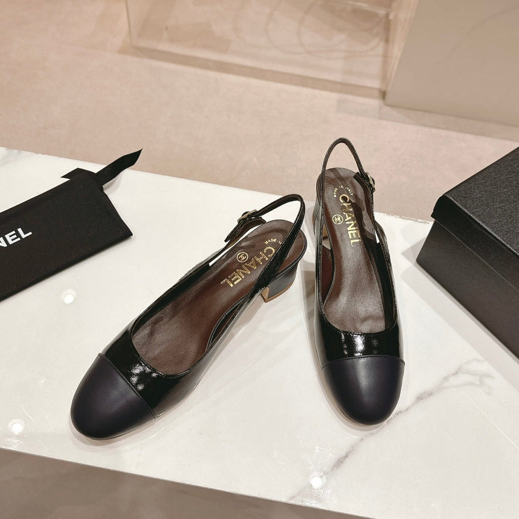 CHANEL SLINGBACKS IN BLACK SHEEPSKIN
