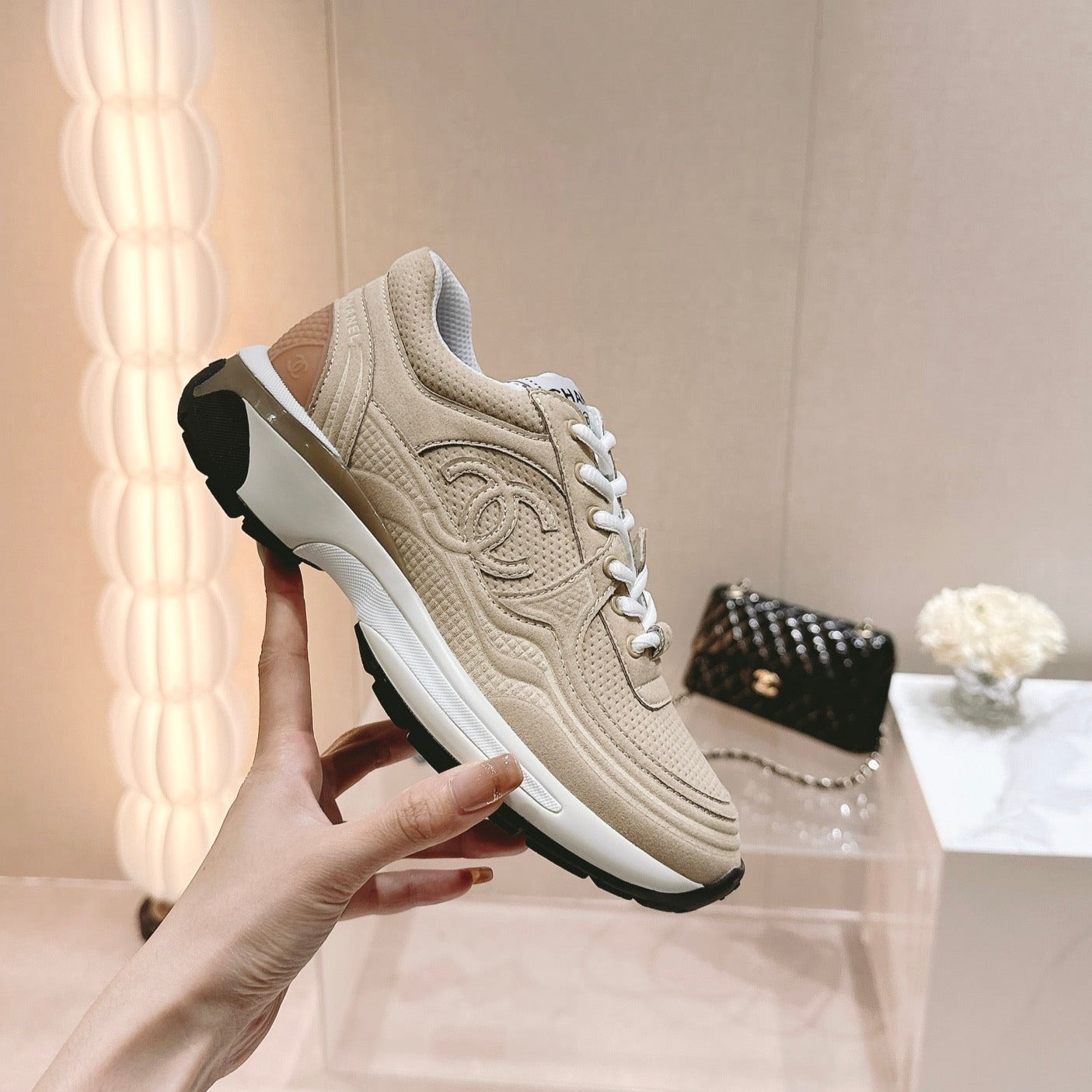 CHANEL Women's Beige Cream Sneaker Breathable mesh