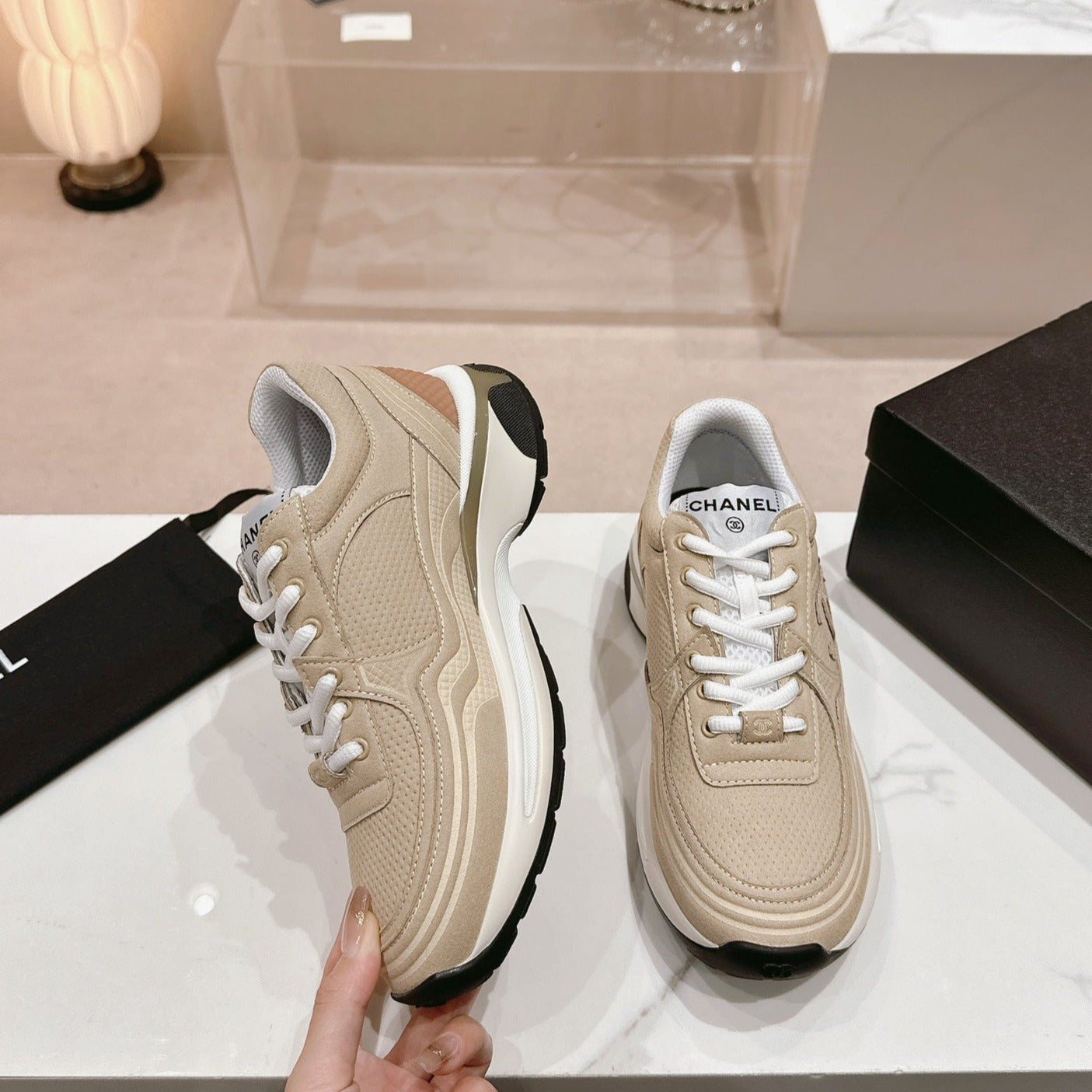 CHANEL Women's Beige Cream Sneaker Breathable mesh