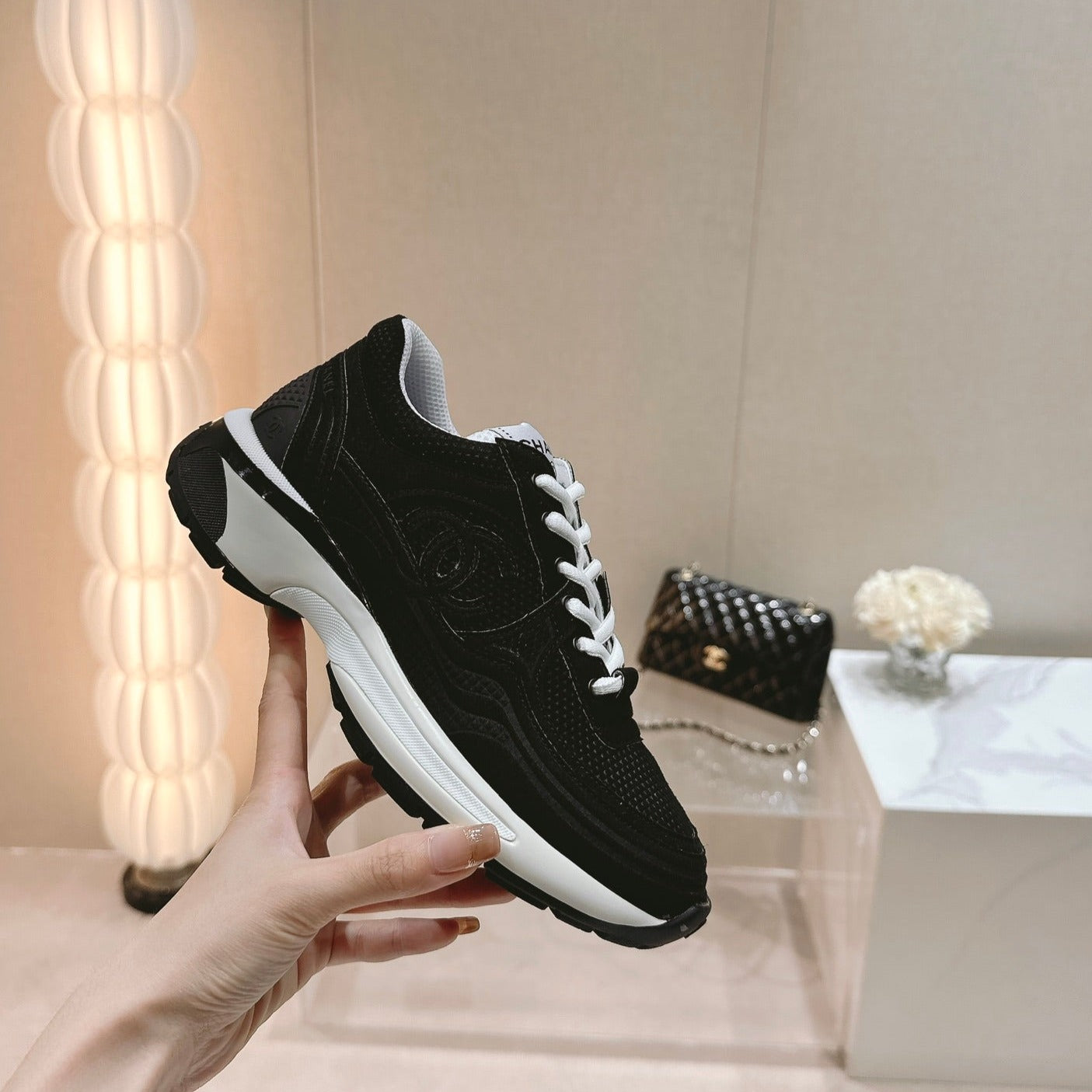 CHANEL Women's Black White Sneaker Breathable mesh