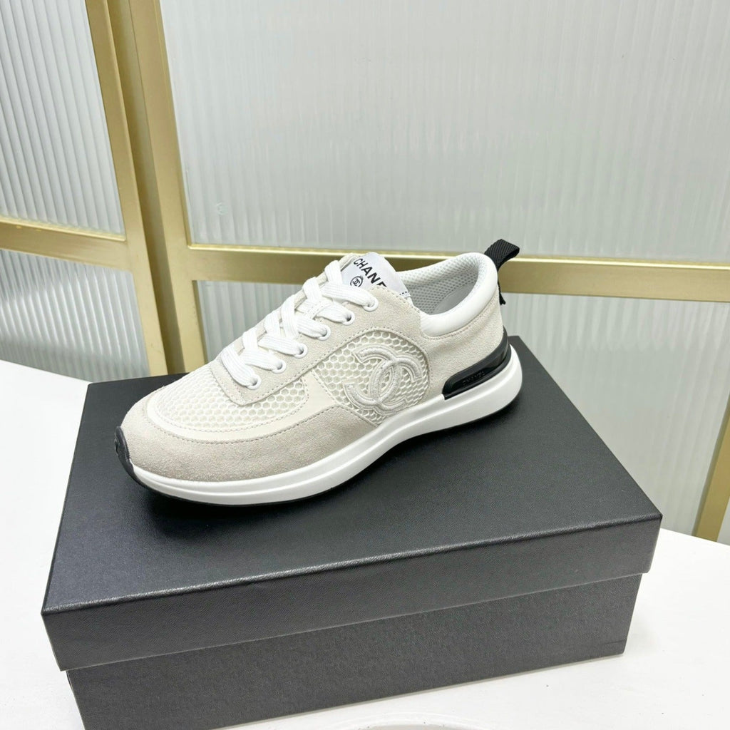 CHANEL SNEAKER IN GREY SUEDE AND WHITE BREATHABLE MESH