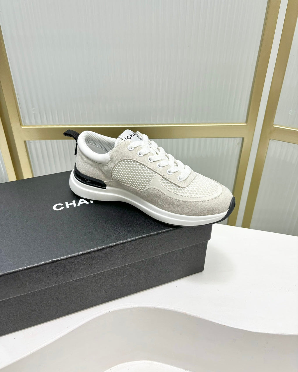 CHANEL SNEAKER IN GREY SUEDE AND WHITE BREATHABLE MESH