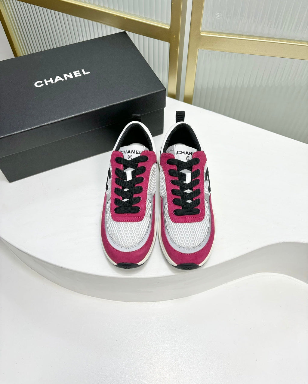 CHANEL SNEAKER IN BARBIE PINK SUEDE AND GREY BREATHABLE MESH
