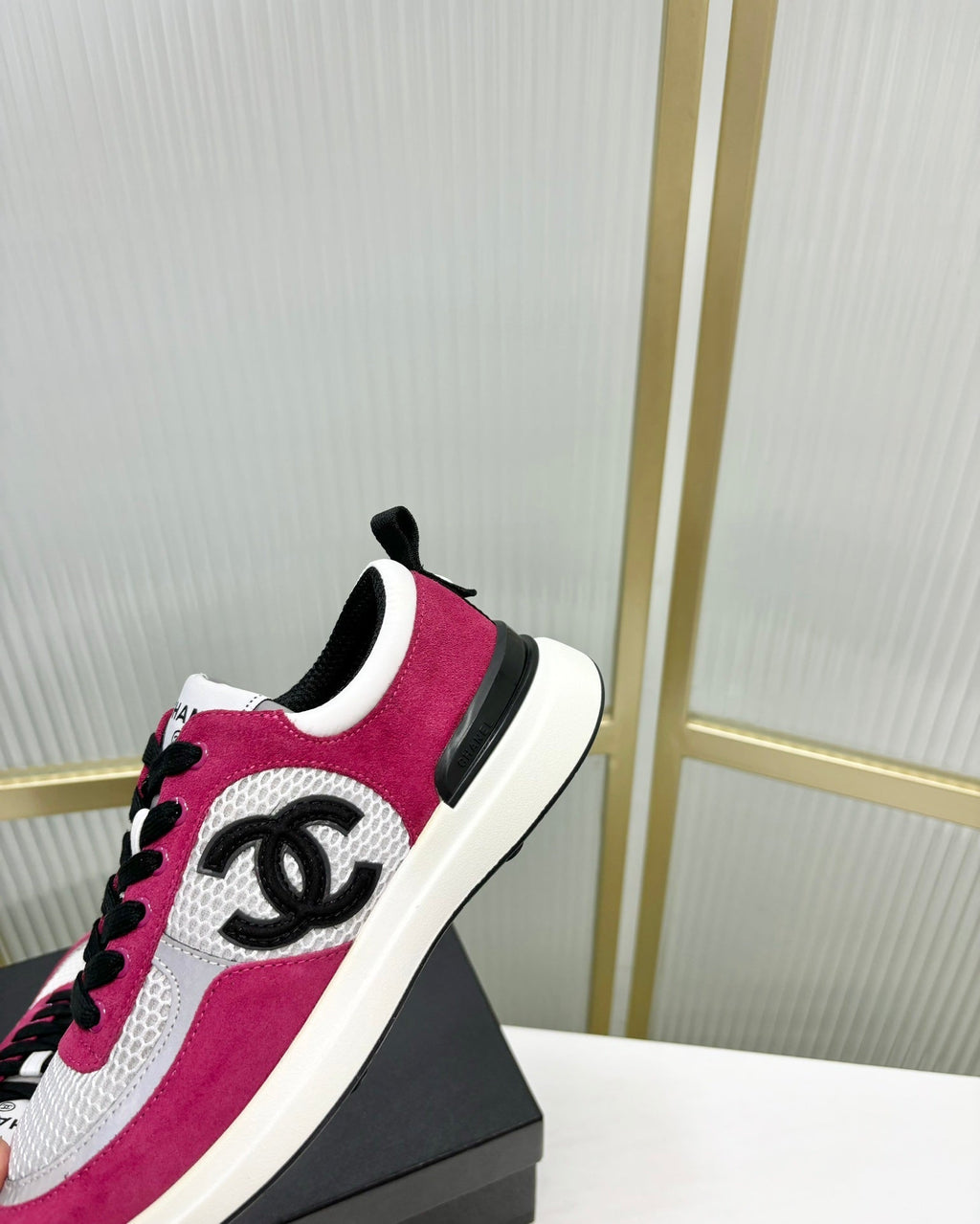 CHANEL SNEAKER IN BARBIE PINK SUEDE AND GREY BREATHABLE MESH