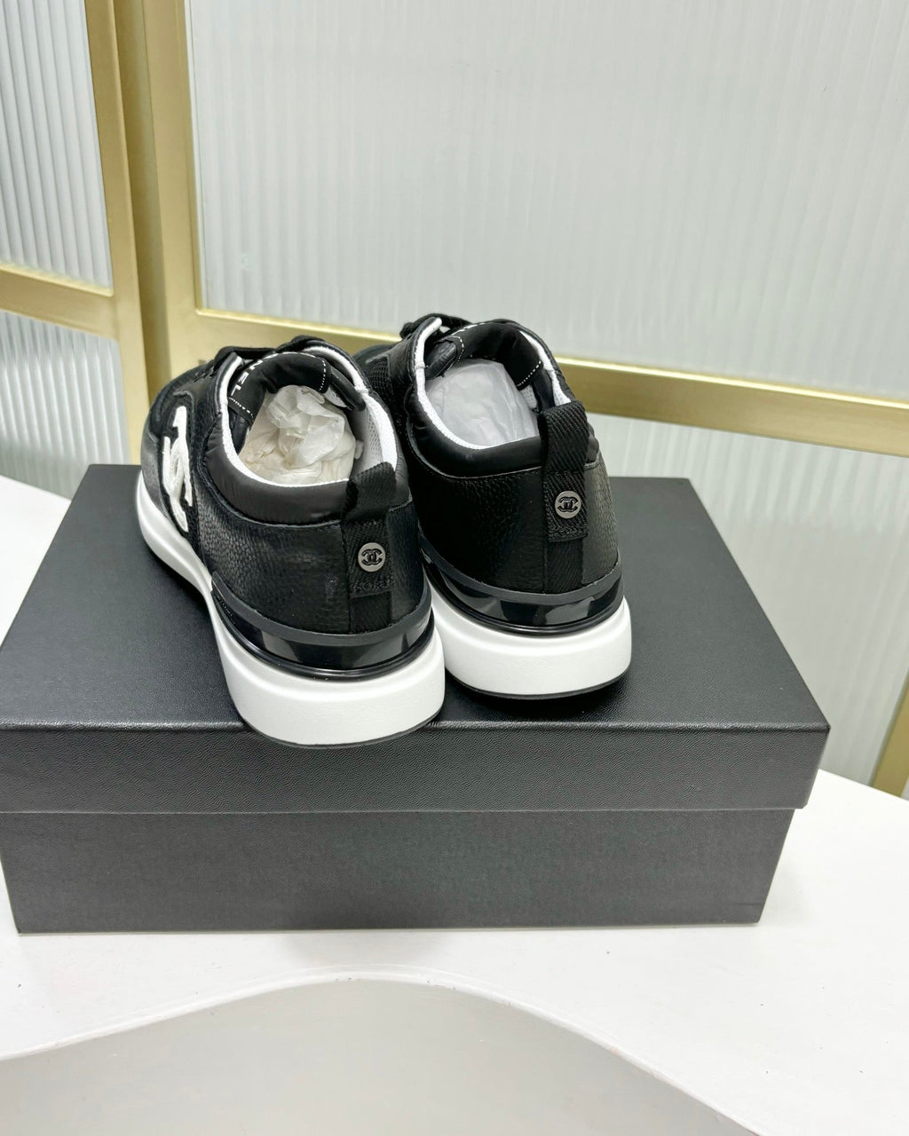 CHANEL SNEAKER IN BLACK SUEDE WITH WHITE LOGO