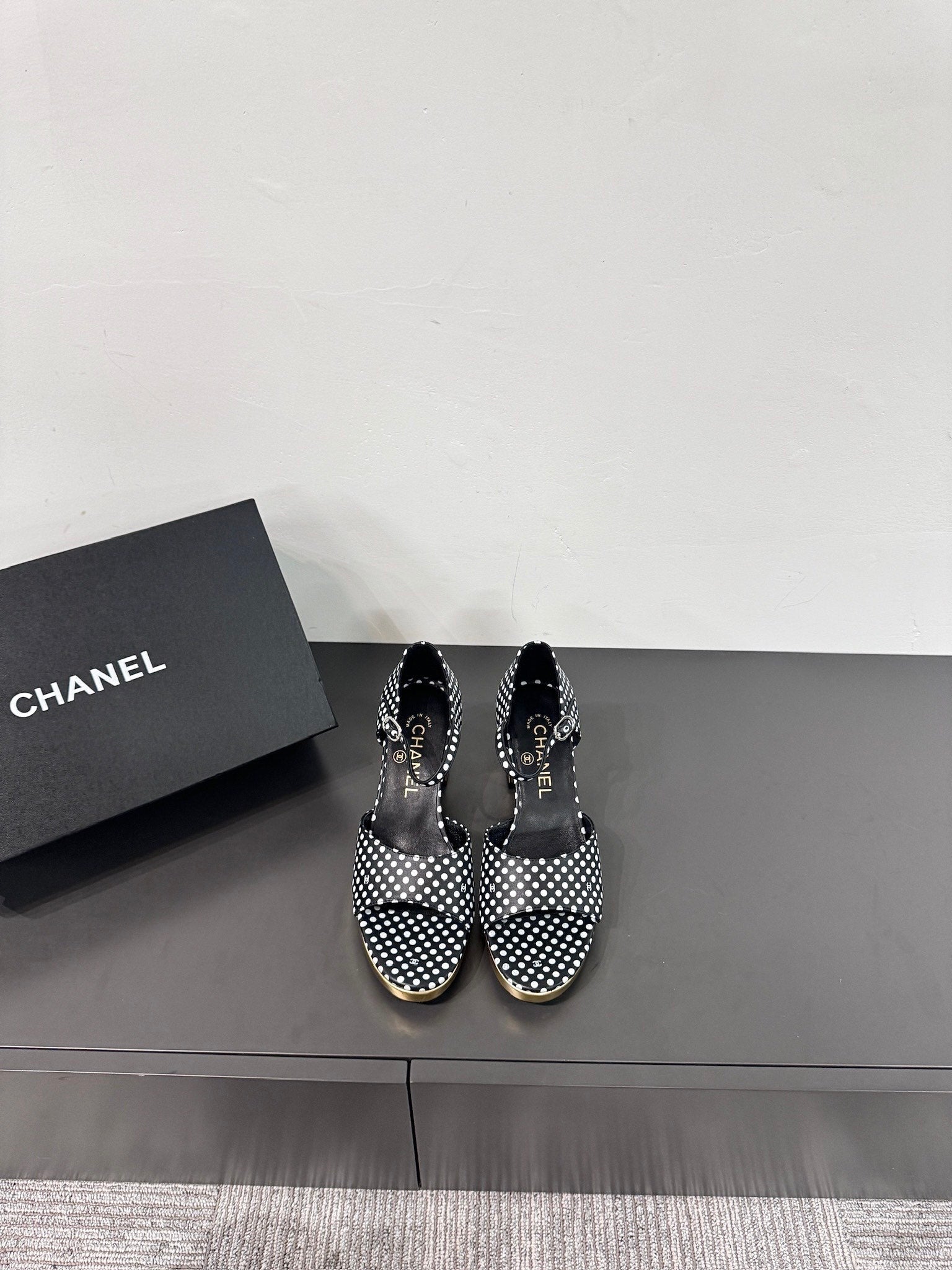 CHANEL BLOCK HEEL SANDALS BLACK POLKA DOT SHEEPSKIN