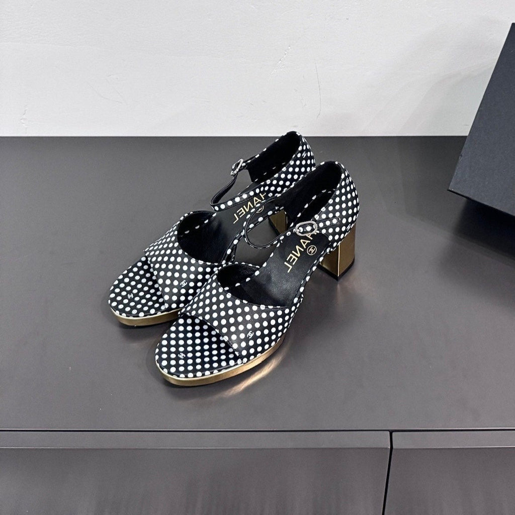 CHANEL BLOCK HEEL SANDALS BLACK POLKA DOT SHEEPSKIN