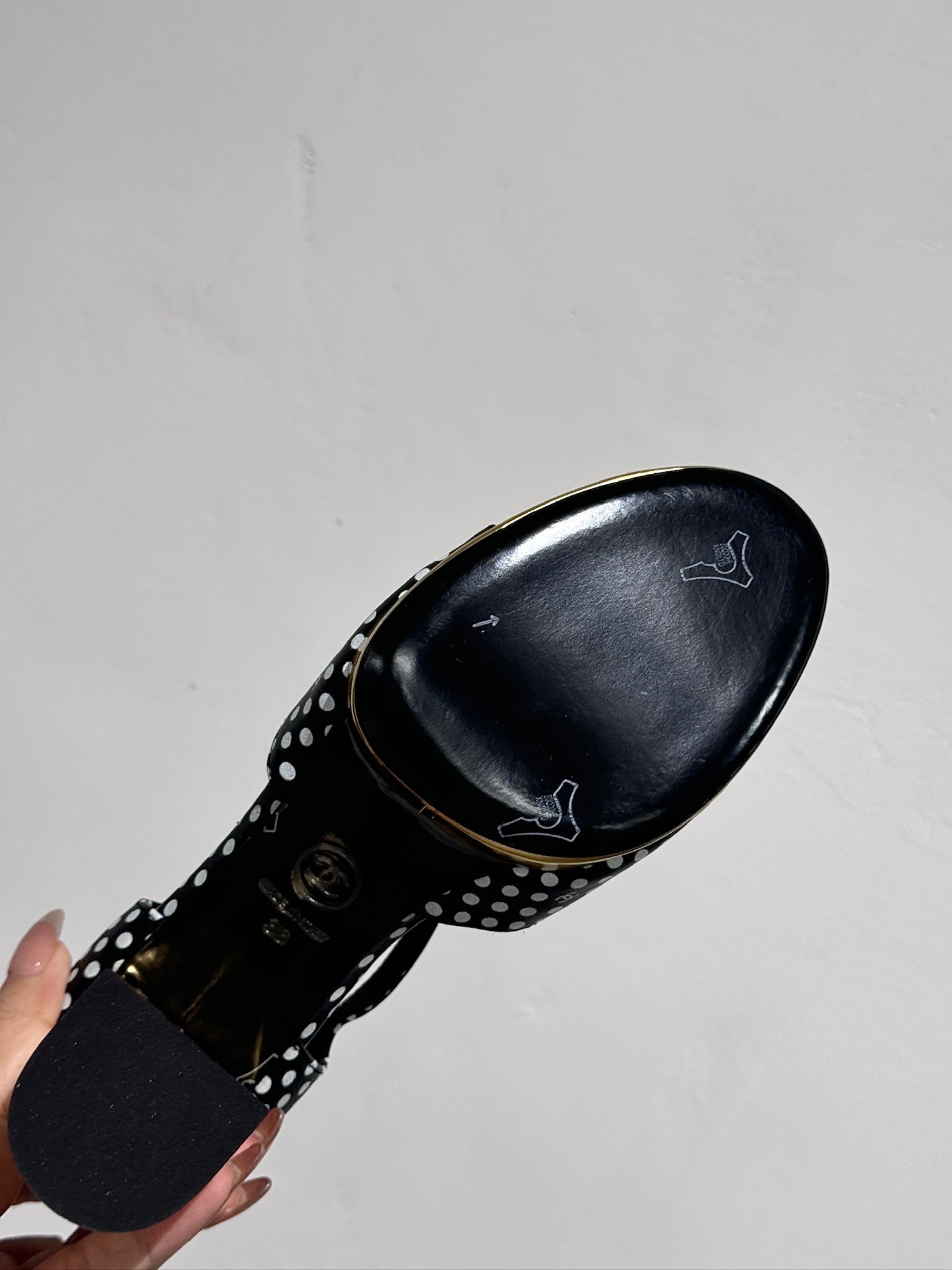 CHANEL BLOCK HEEL SANDALS BLACK POLKA DOT SHEEPSKIN