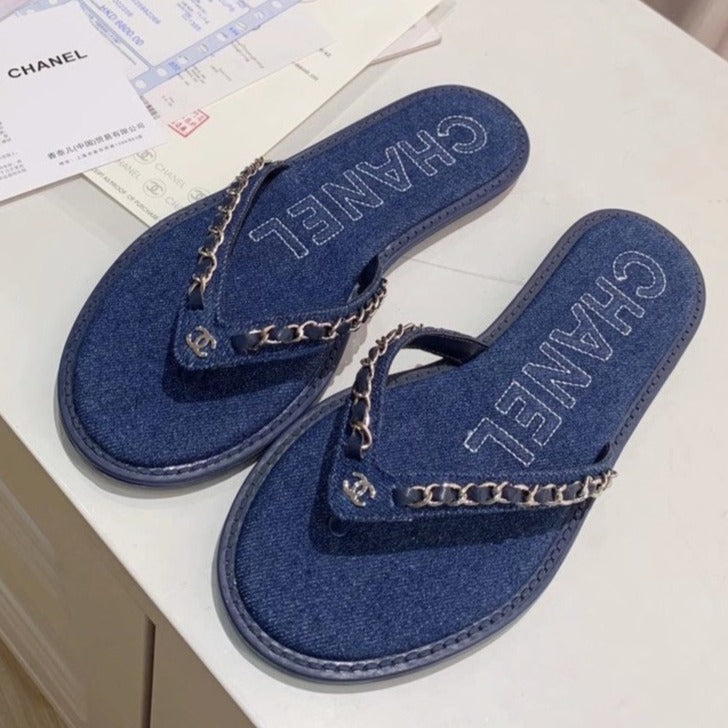 CHANEL THONG SLIPPERS IN COBALT BLUE DENIM