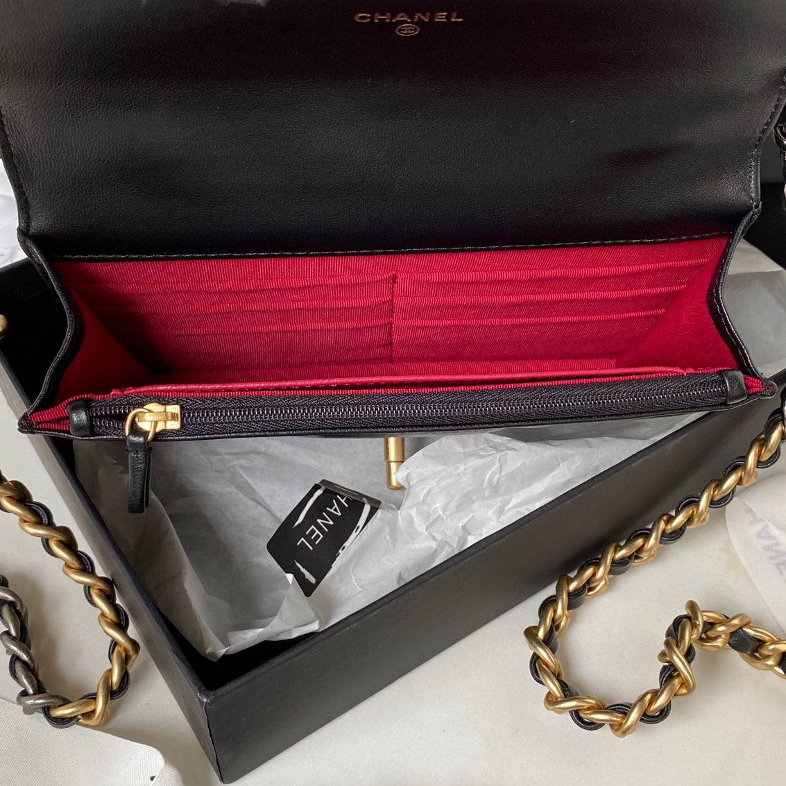 CHANEL 19 WOC 19CM BLACK LAMBSKIN GOLD HARDWARE