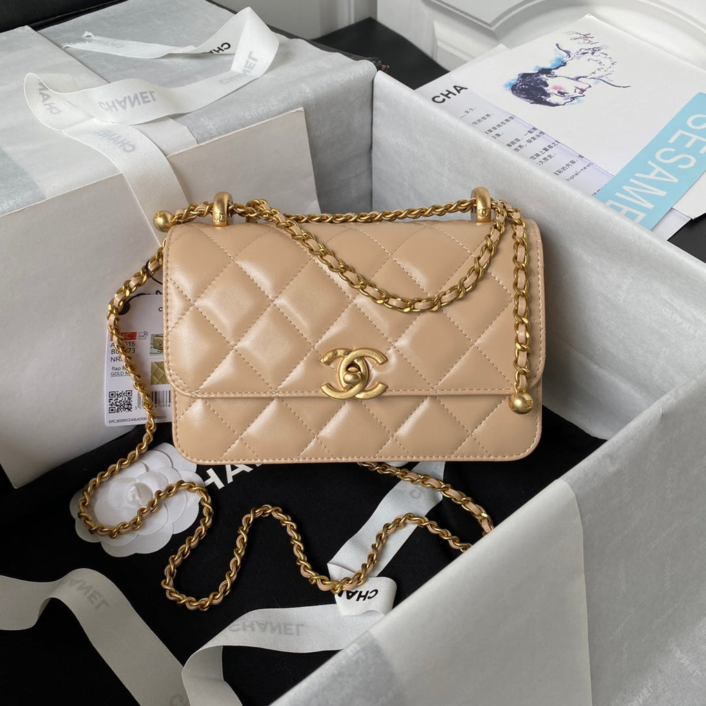 CHANEL MINI 19 FLAP BAG IN DARK BEIGE CALFSKIN GOLD HARDWARE