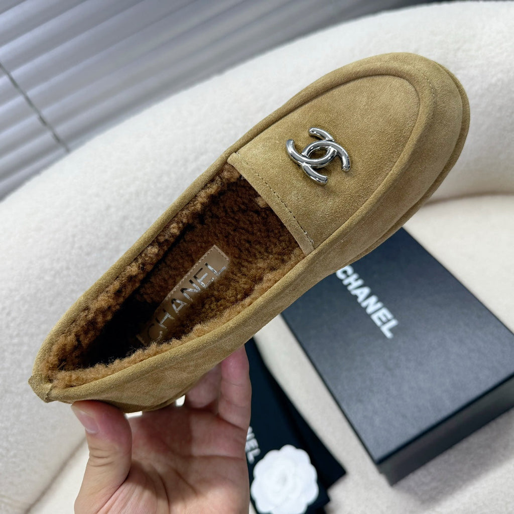 CHANEL LOAFER IN PEANUT BROWN SUEDE AND WOOL LINING