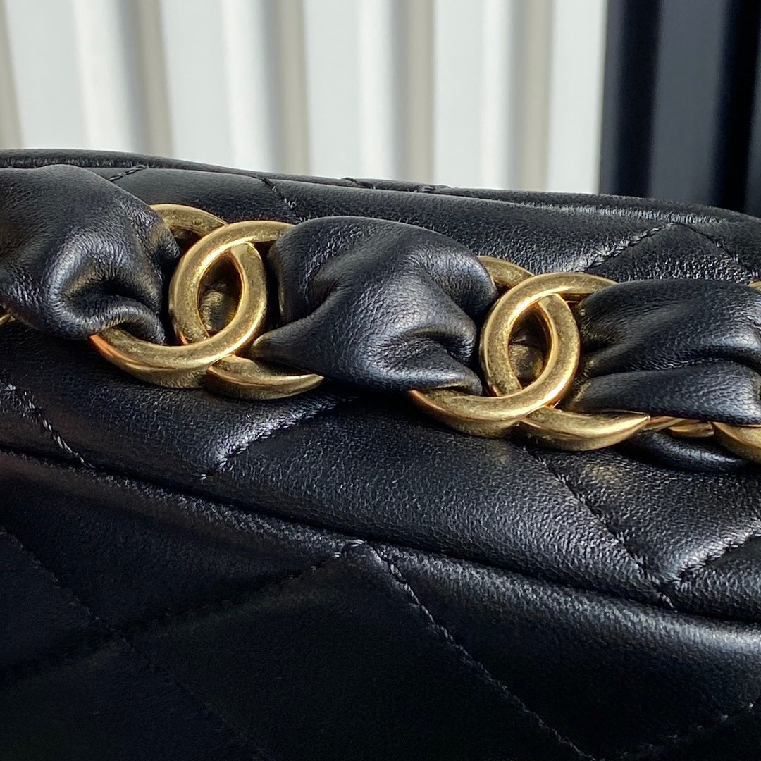 CHANEL SMALL FLAP BAG 21 IN BLACK CALFSKIN GOLD DOUBLE C THICK CHAIN