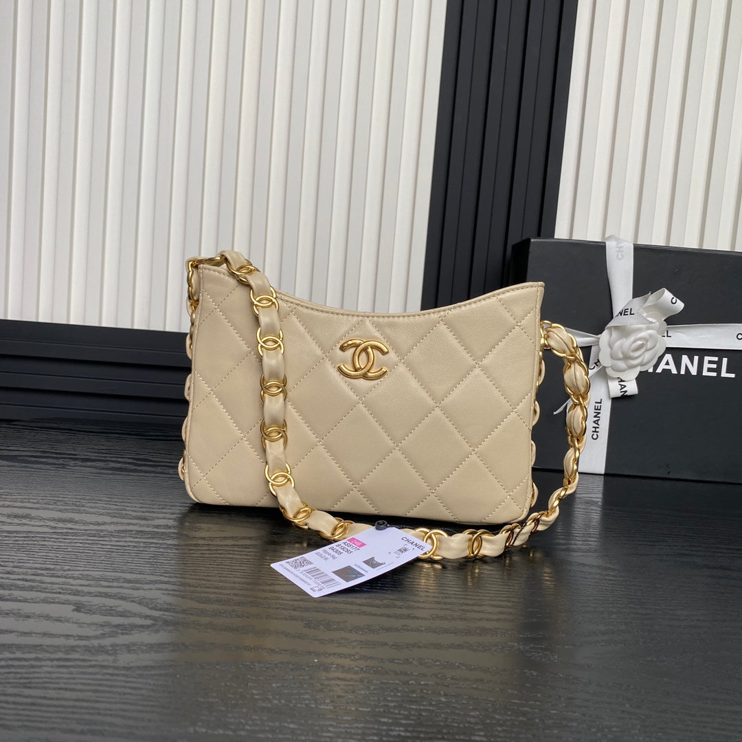 CHANEL HOBO BAG 24 IN BEIGE CALFSKIN GOLD DOUBLE C THICK CHAIN