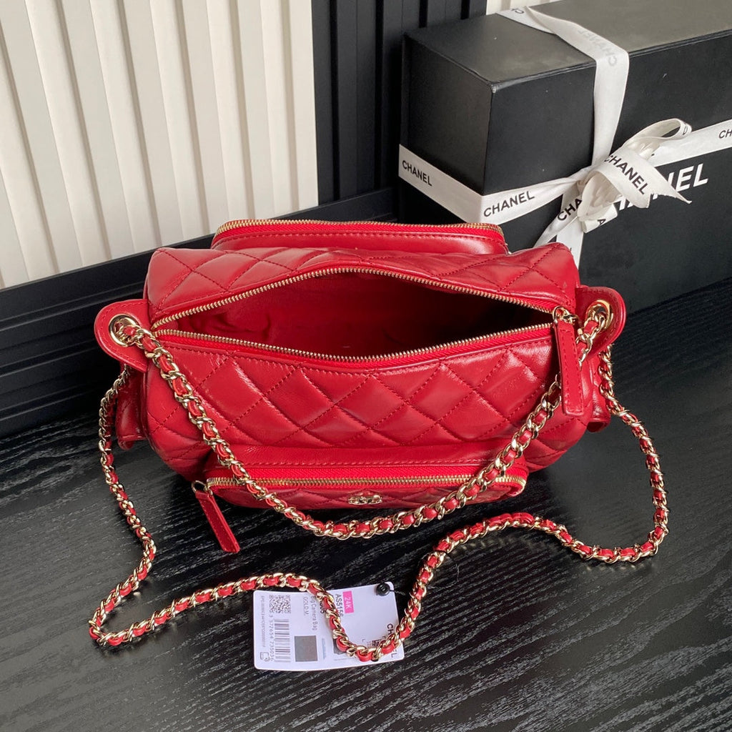 CHANEL CAMERA BAG 24 IN RED SHINY CALFSKIN GOLD CHAIN
