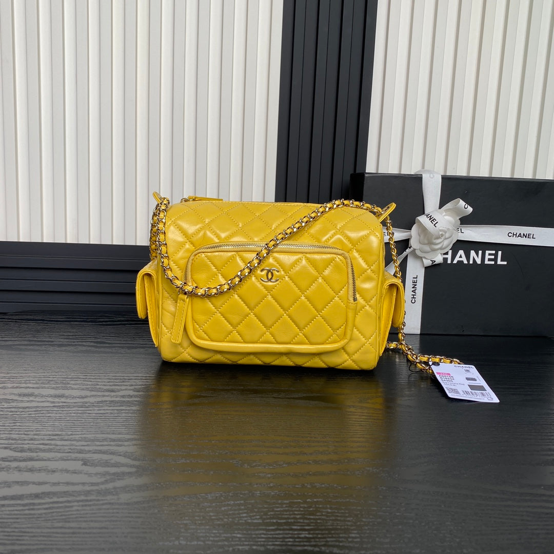 CHANEL CAMERA BAG 24 IN MIMOSA YELLOW SHINY CALFSKIN GOLD CHAIN