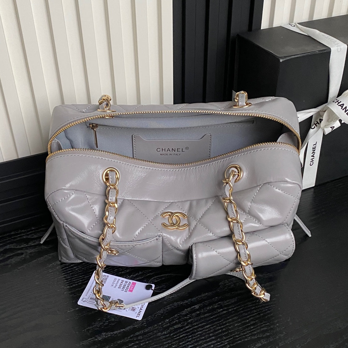 CHANEL BOWLING BAG 29 IN GREY CALFSKIN GOLD HARDWARE
