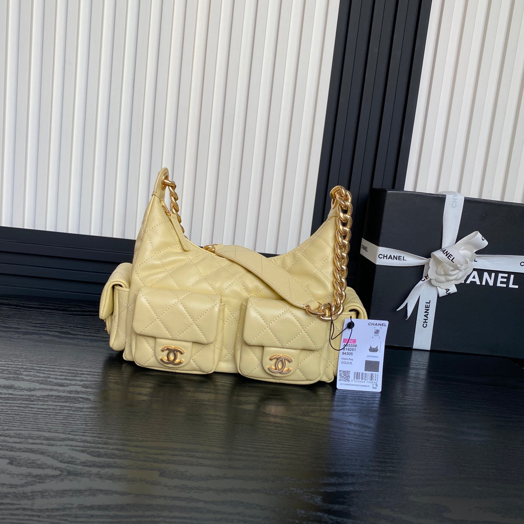 CHANEL QUILTED HOBO CARGO BAG 31 IN LIGHT YELLOW CALFSKIN GOLD CHAIN