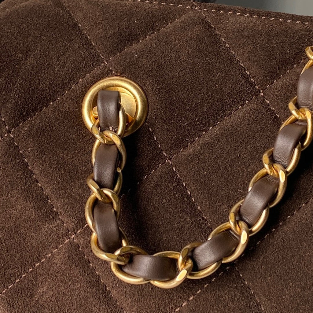 CHANEL 25S BOWLING BAG 24 IN DARK BROWN SUEDE GOLD HARDWARE