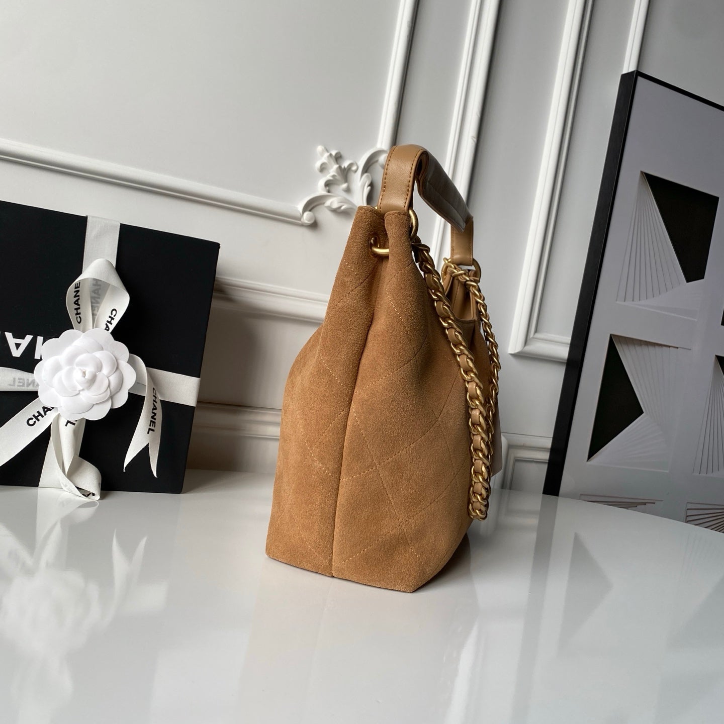 CHANEL 25S HOBO BAG 31 IN CARAMEL BROWN SUEDE WITH GOLD HARDWARE