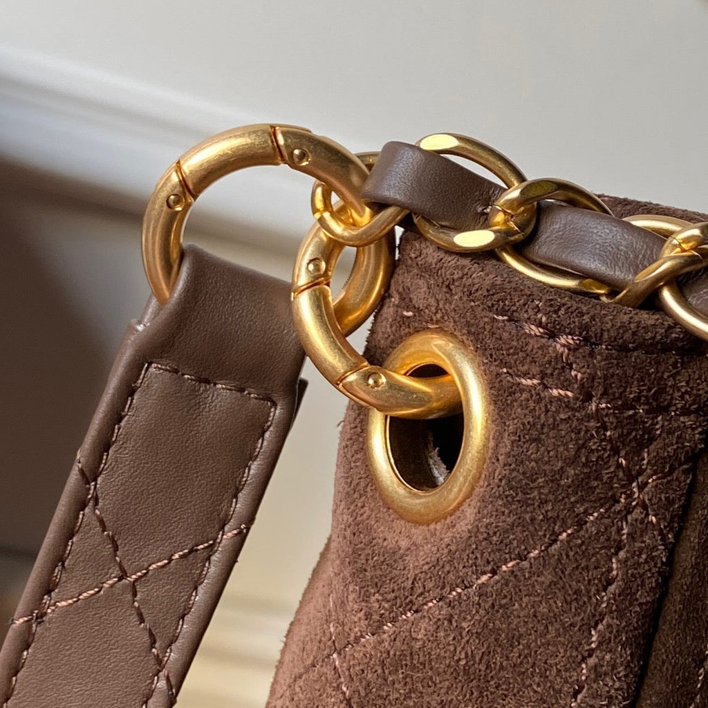 CHANEL 25S SHOULDER BAG 30 IN DARK BROWN SUEDE WITH GOLD HARDWARE