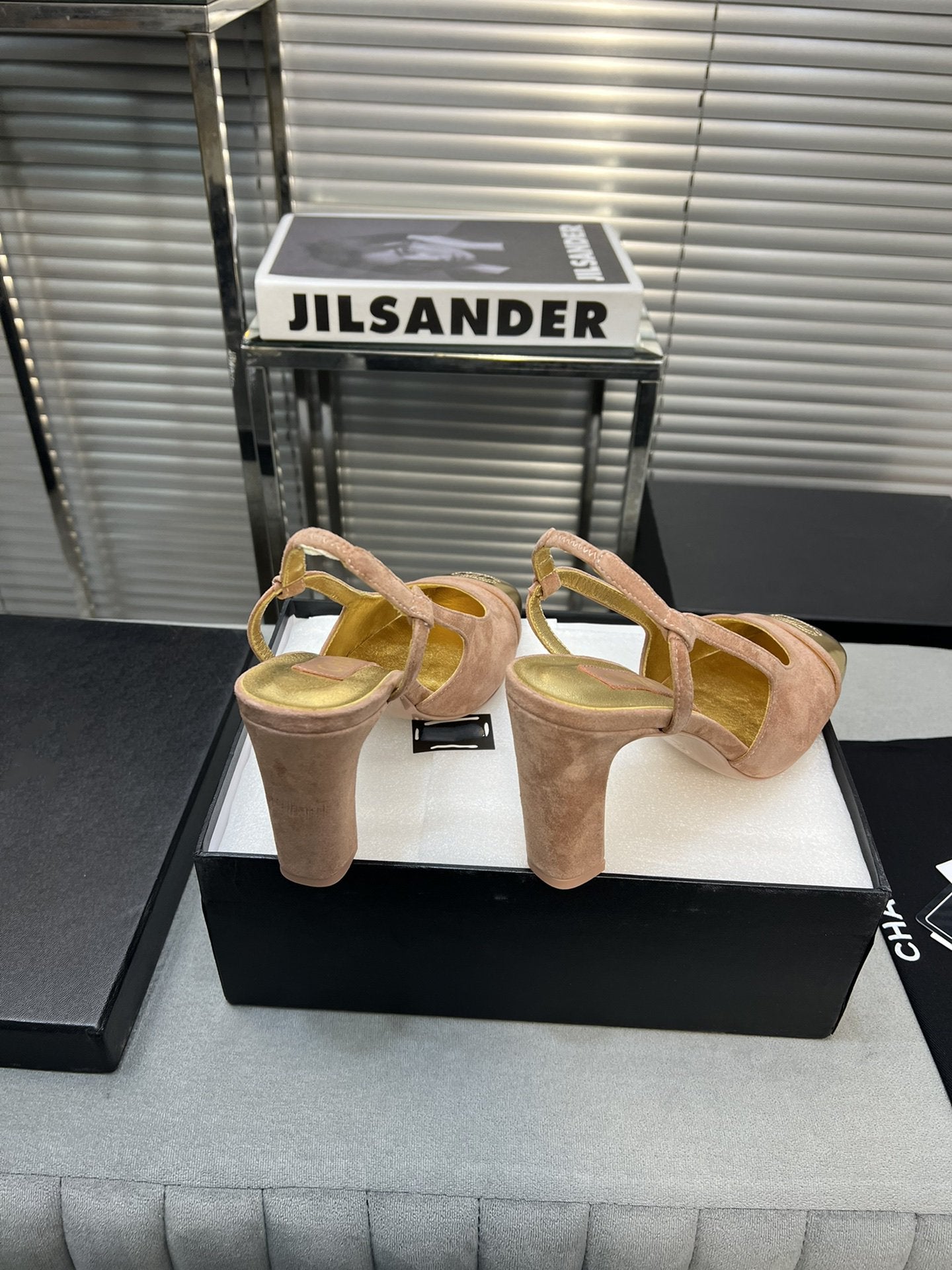 CHANEL slingback rose suede gold metalic lambskin square toe 9.5