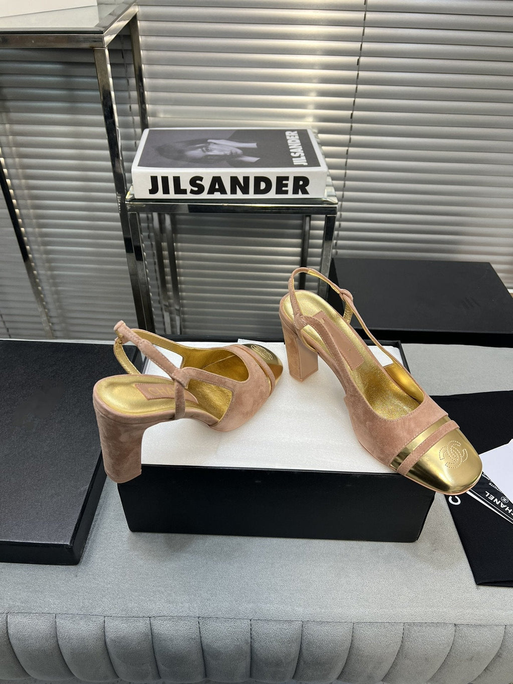 CHANEL slingback rose suede gold metalic lambskin square toe 9.5