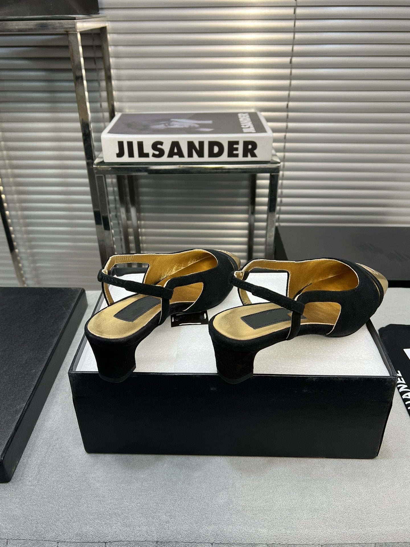 CHANEL slingback black suede gold metalic lambskin square toe 5.0