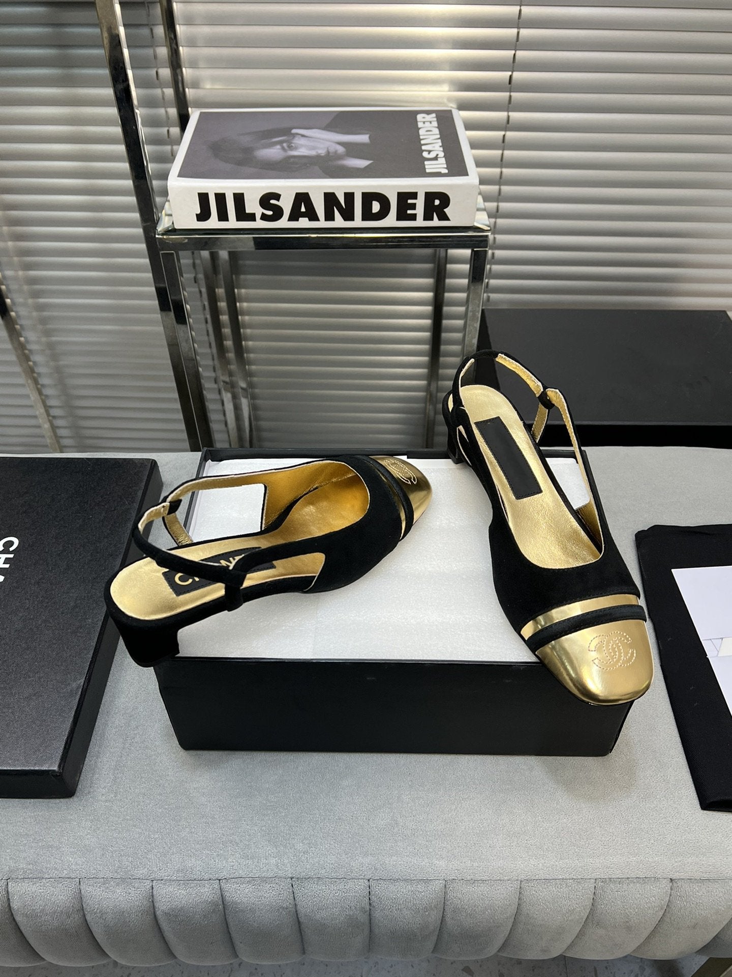 CHANEL slingback black suede gold metalic lambskin square toe 5.0