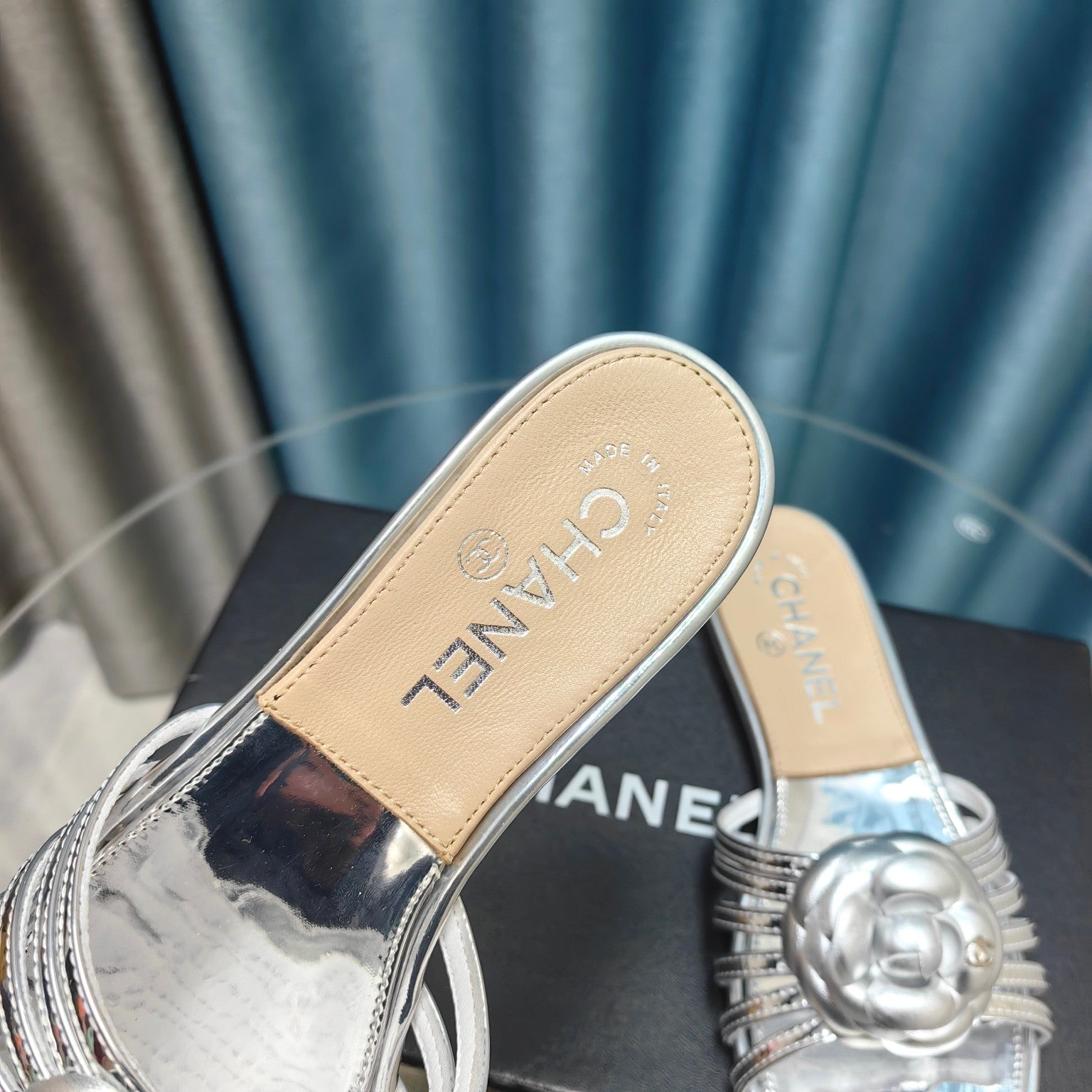 CHANEL Camellia Slide Slippers Silver Lambskin