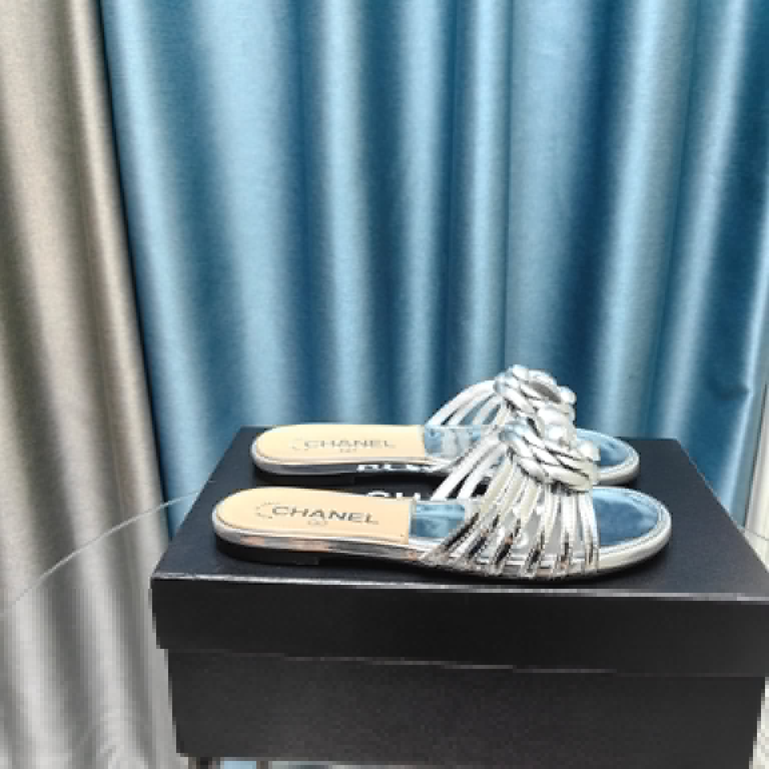 CHANEL Camellia Slide Slippers Silver Lambskin
