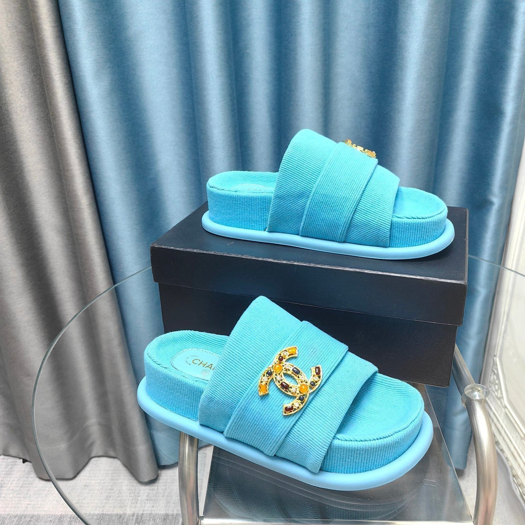 CHANEL PLATFORM HEELS SANDALS IN SAPPHIRE BLUE WOOLEN FABRIC