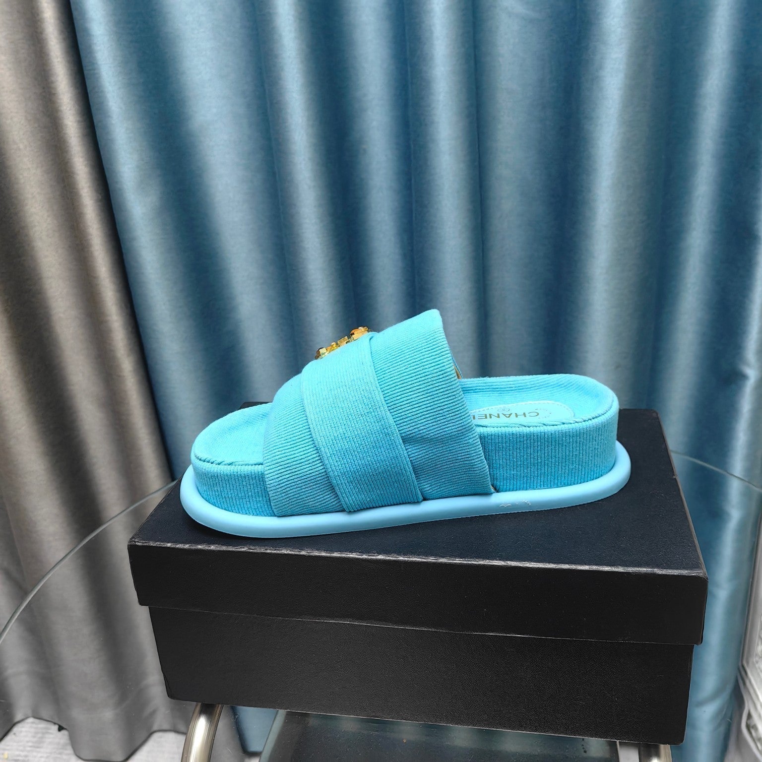 CHANEL PLATFORM HEELS SANDALS IN SAPPHIRE BLUE WOOLEN FABRIC