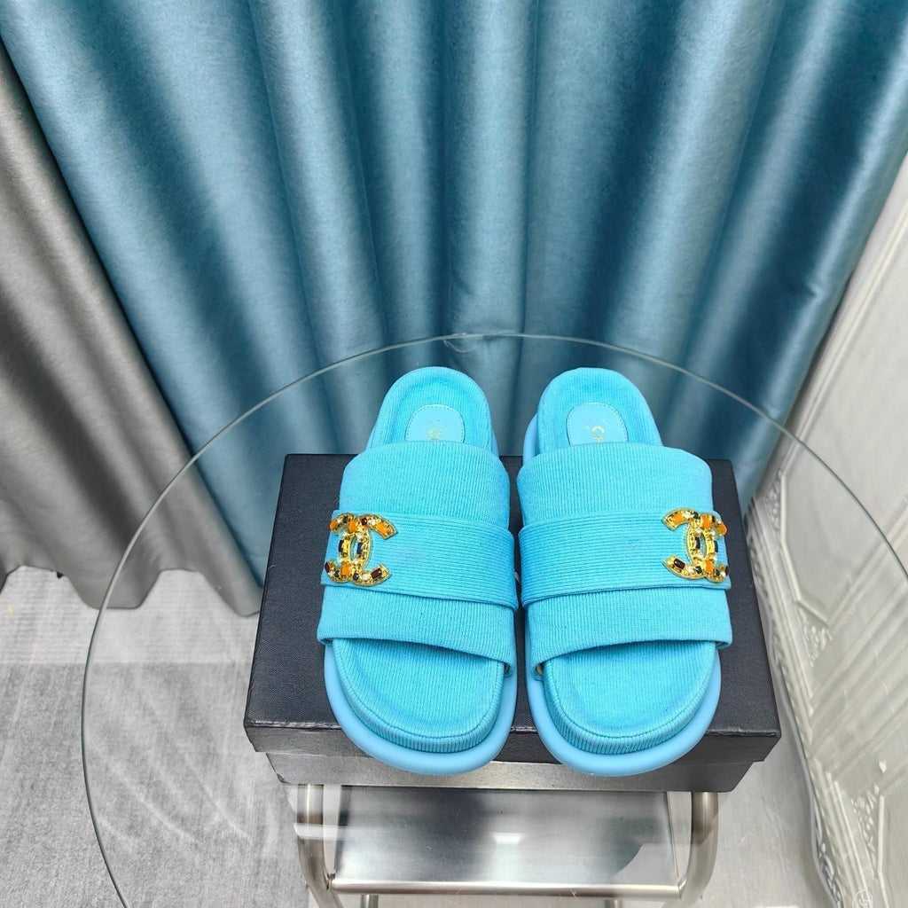 CHANEL PLATFORM HEELS SANDALS IN SAPPHIRE BLUE WOOLEN FABRIC
