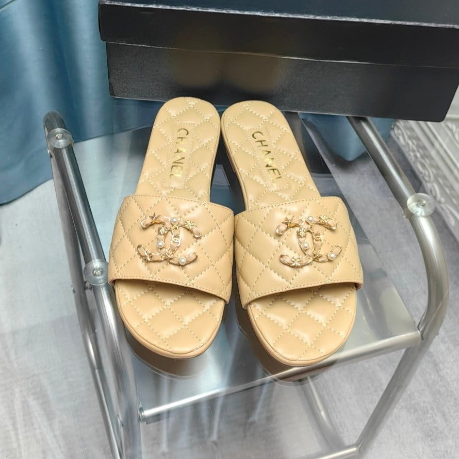 CHANEL QUILTED SLIPPERS BEIGE CREAM SHEEPSKIN