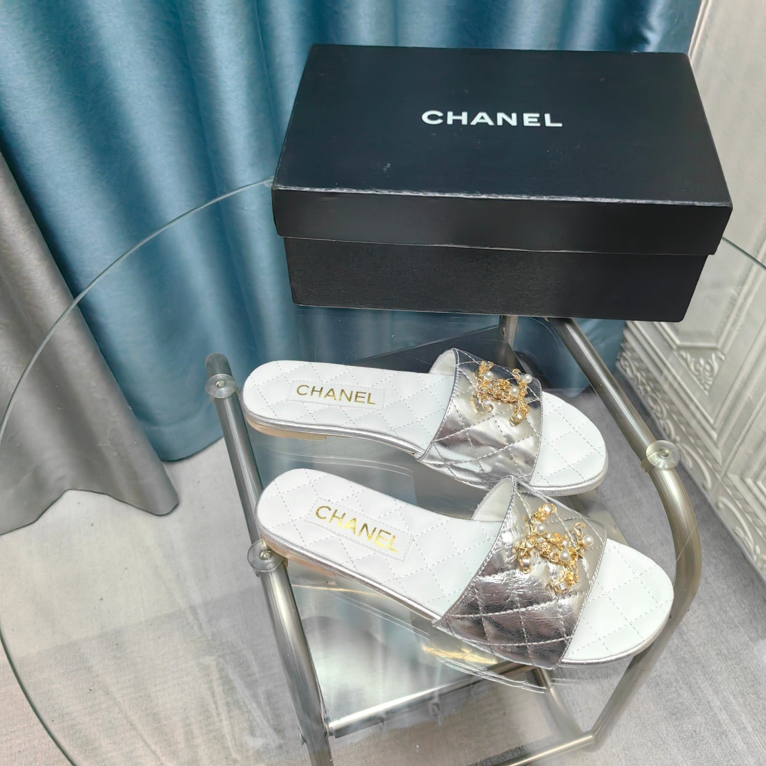 CHANEL QUILTED SLIPPERS SILVER SHEEPSKIN