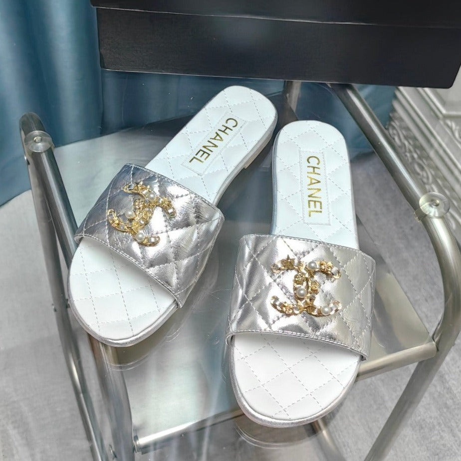 CHANEL QUILTED SLIPPERS SILVER SHEEPSKIN